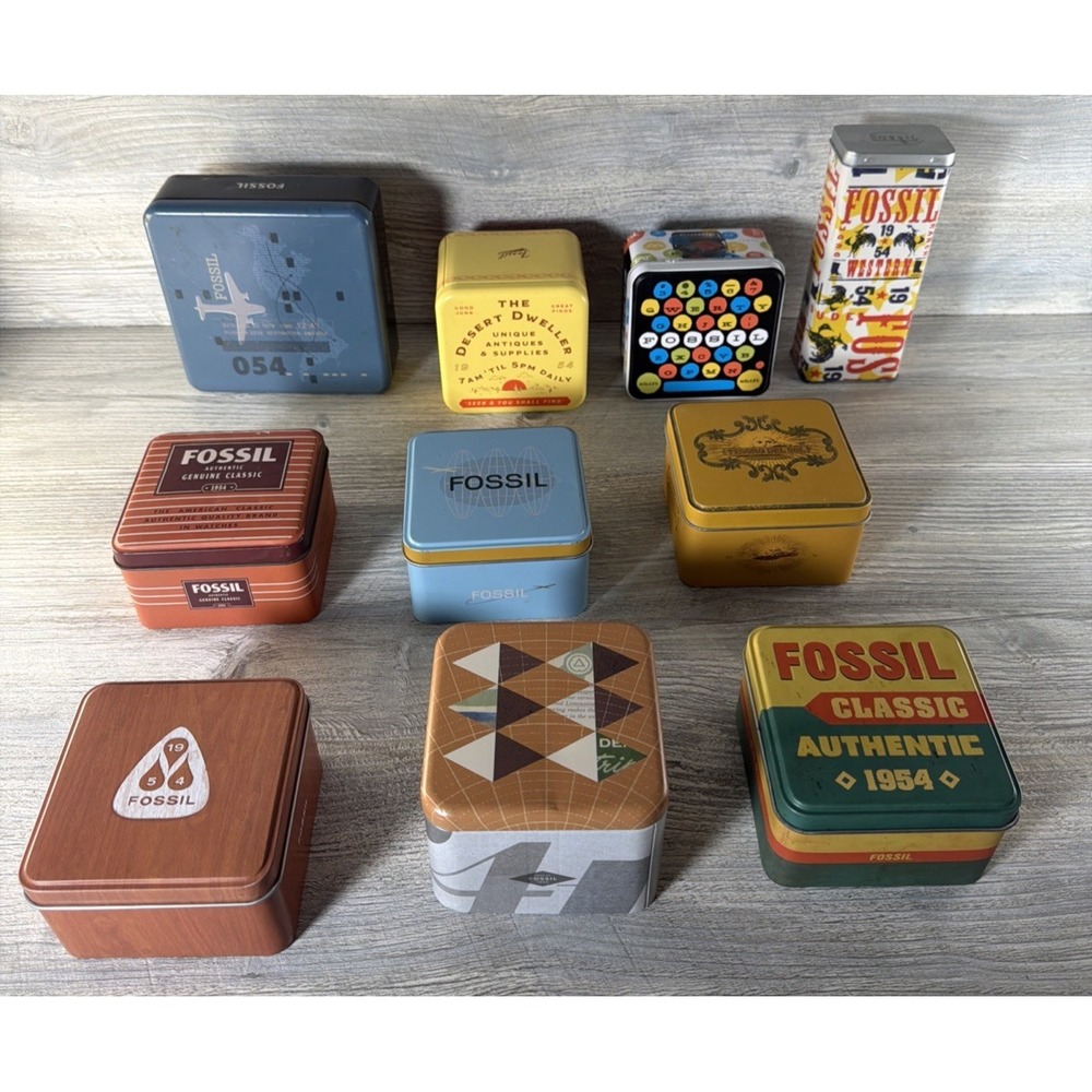 Fossil Advertising Tin Lot Of 10 Metal Collectible Tins